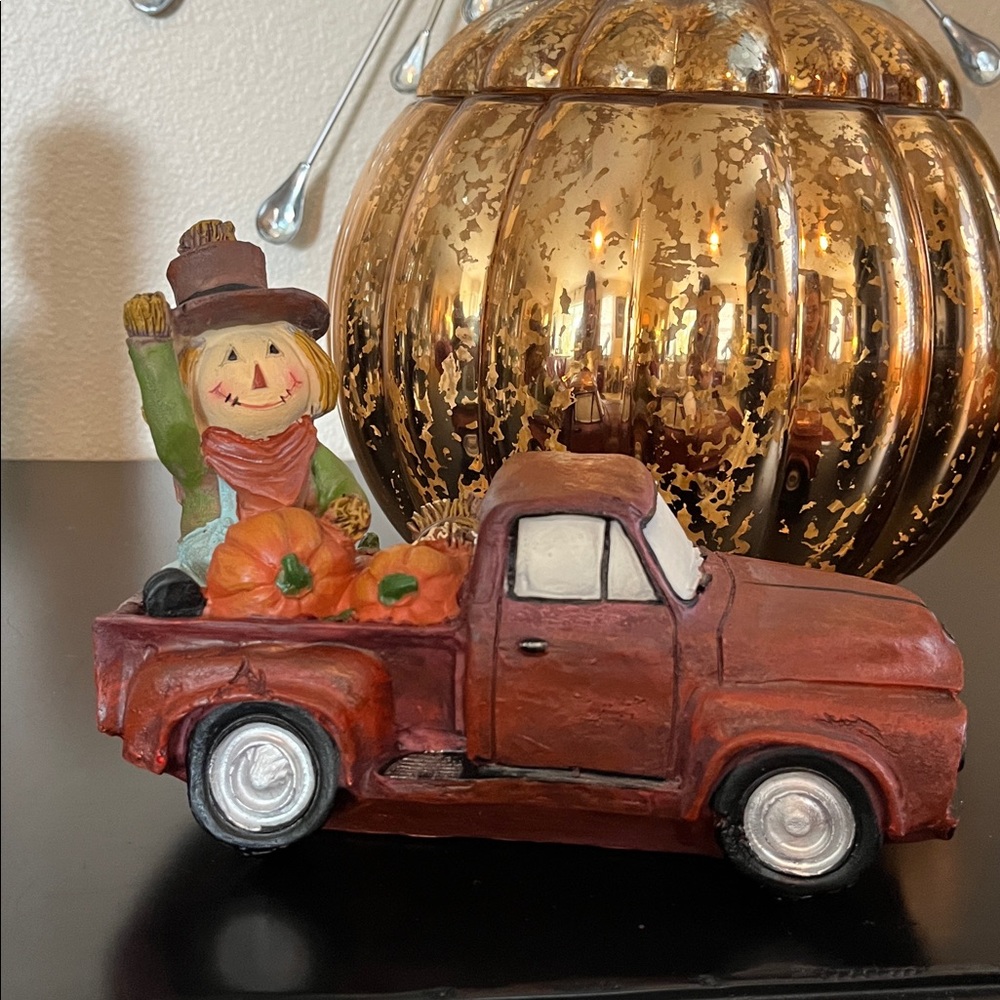 Festive Fall Scarecrow & Pumpkin Red Truck Decor
